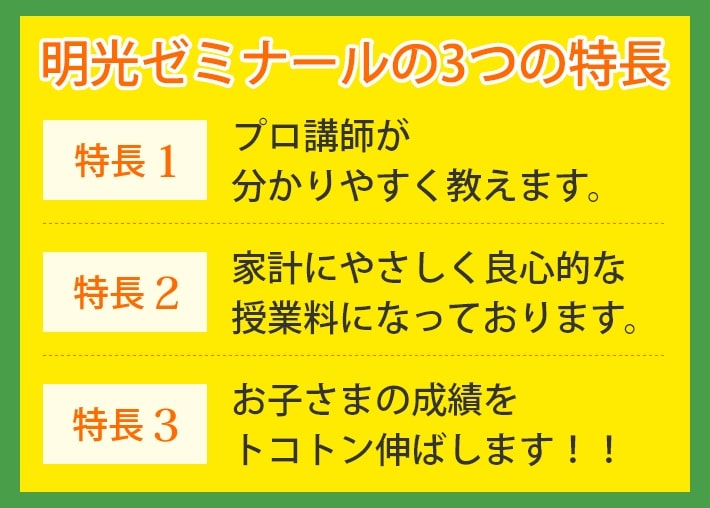 明光ゼミナールの3つの特長：特長１プロ講師が分かりやすく教えます。特長２家計にやさしく良心的な授業料になっております。特長３お子さまの成績をトコトン伸ばします！！