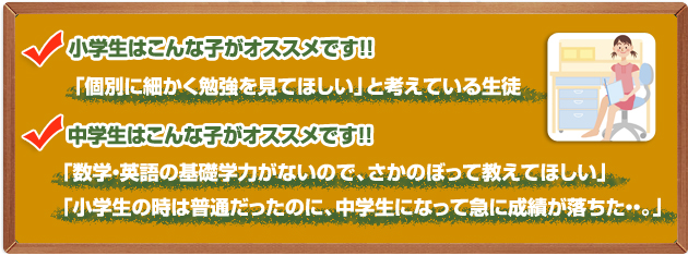 小学生はこんな子がオススメです!!-「個別に細かく勉強を見てほしい」と考えている生徒/中学生はこんな子がオススメです!!-「数学・英語の基礎学力がないので、さかのぼって教えてほしい」「小学生の時は普通だったのに、中学生になって急に成績が落ちた・・。」